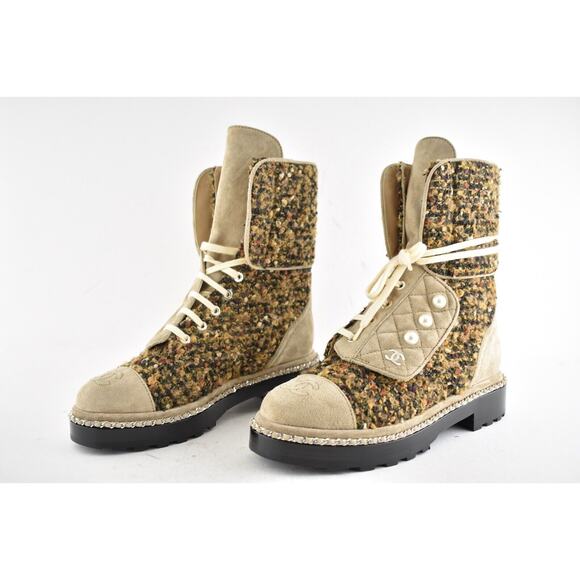 Chanel 18K Citizen Brown Beige Green Tweed CC Chain Pearl Combat Tall Boots 34.5 - Picture 10 of 12